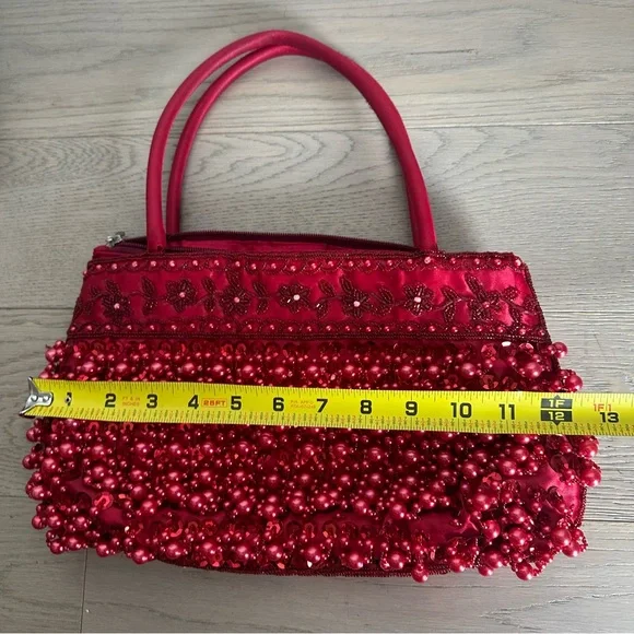 Vintage Red Beaded Evening Bag | Beaded Fringe Statement Purse - Picture 10 of 16